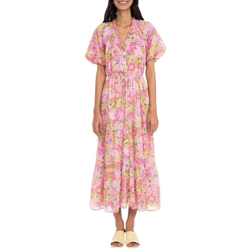 BANJANAN 100% Cotton Poppy Dress Size Large‎ Pink Floral Puff Sleeve V Neck Maxi